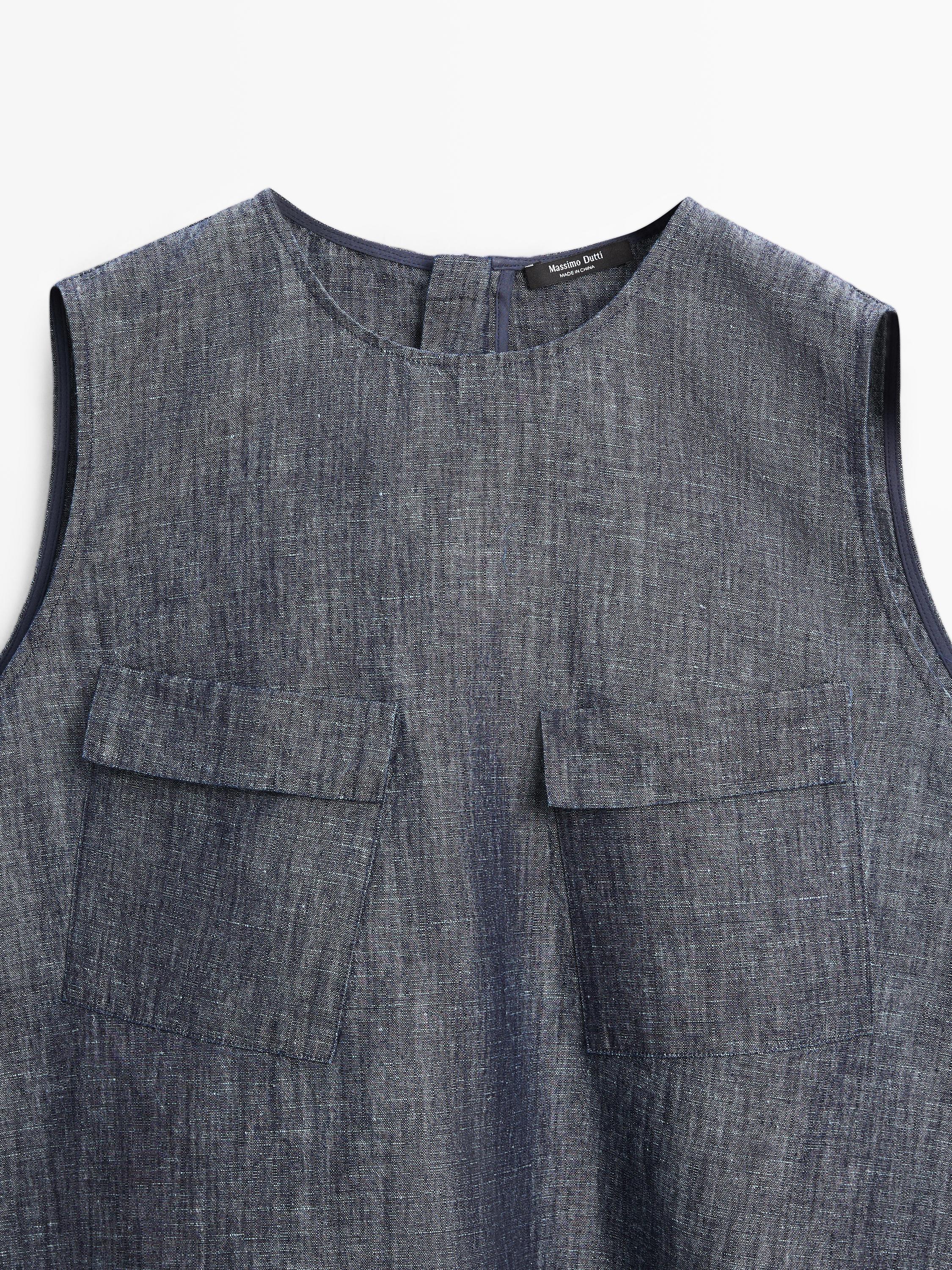 Cotton and linen denim blouse with pockets